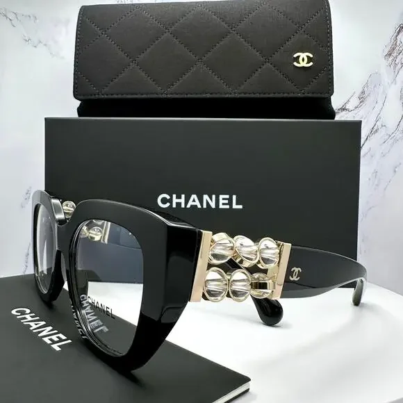 New CHANEL Eyeglasses Black Gold Cat Eye Clear Rotating Pearls 52mm - Picture 2 of 15